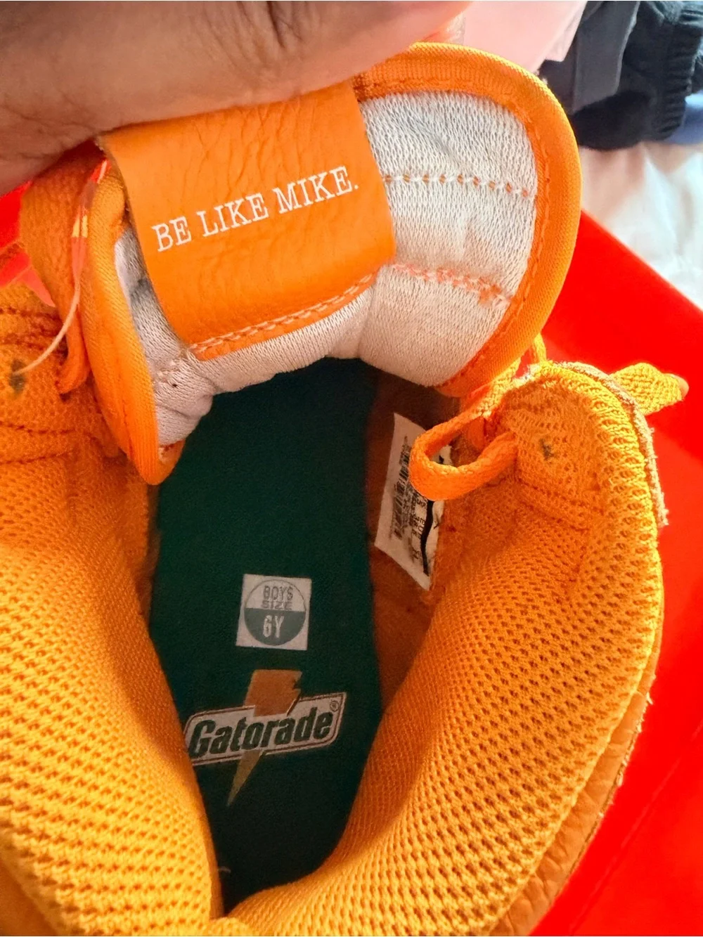 Nike Orange and Green Gatorade Collaboration Kids Sneaker Tongue Label